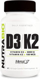 Vitamin D3 (5000 IU) K2 (180 MCG) 60 Vegetable Capsules